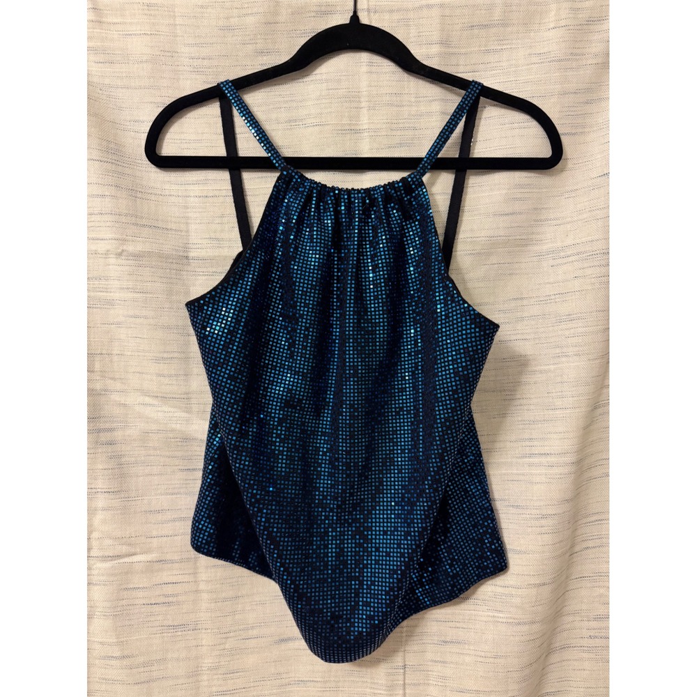 St. John Evening Blue Black Glitter Halter Top Knit Blouse Petite P USA Made